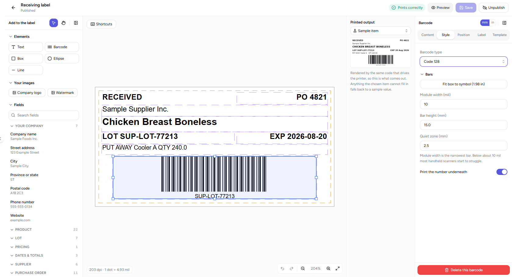 Label designer settings covering label stock, print resolution, barcode content and element formatting
