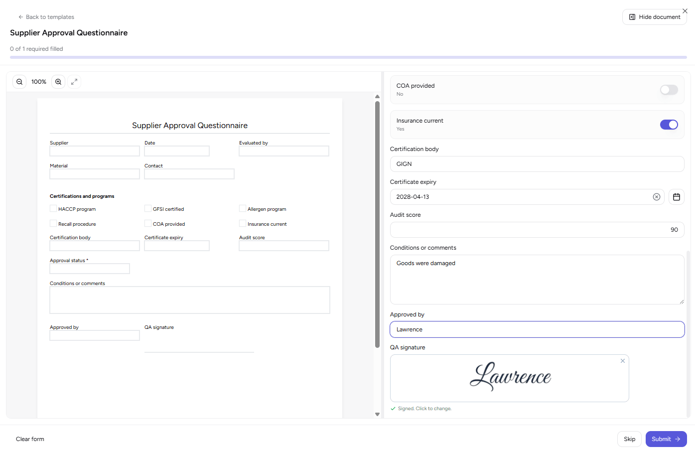 An operator filling a supplier approval form beside the live PDF, with a captured signature and a required-field progress bar
