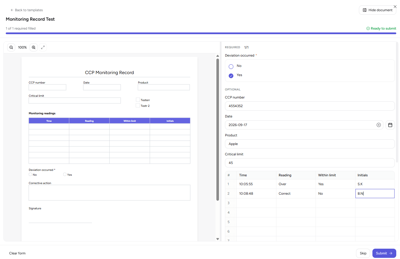 A CCP monitoring record being filled, with the designed table rendered back as the same grid that prints on paper