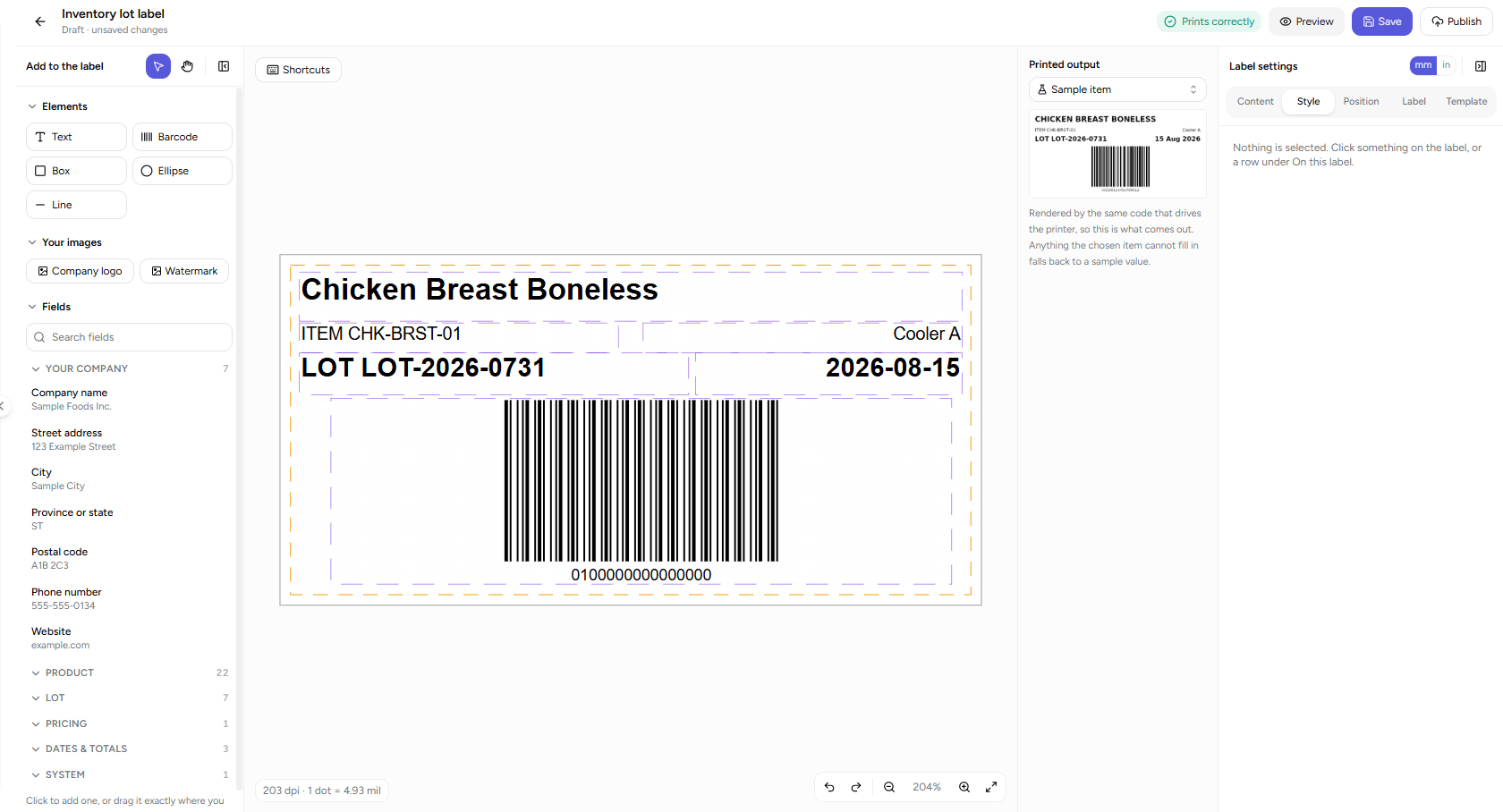 The NutraSoft label designer canvas with a label laid out, the element list on the left and the field library on the right