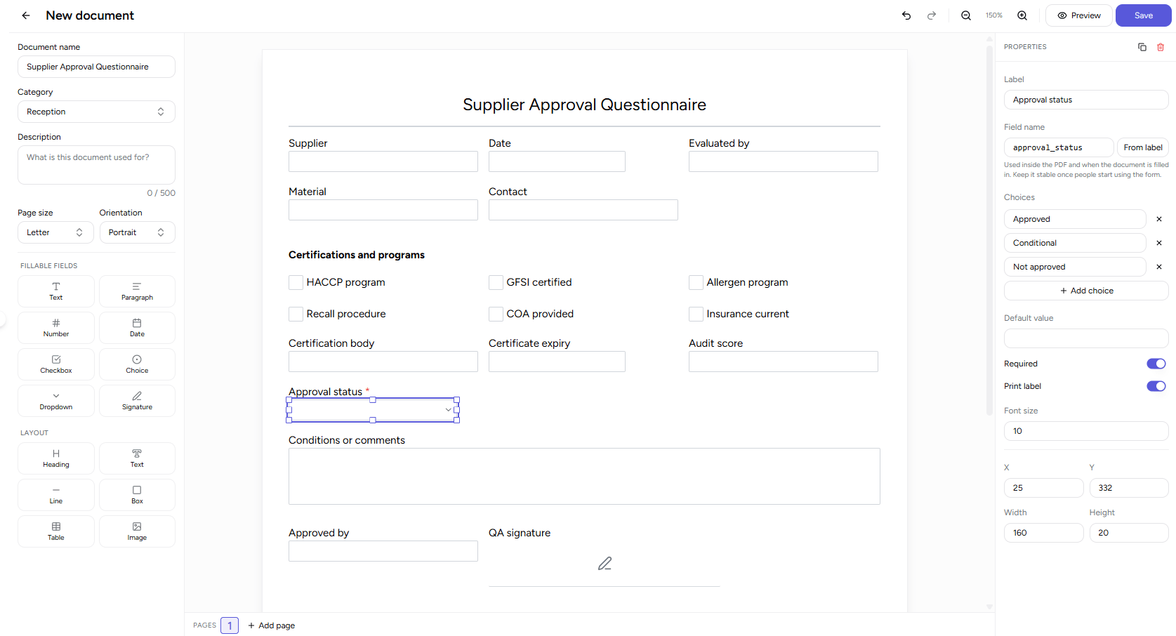 NutraSoft form designer canvas with a Supplier Approval Questionnaire laid out, the field palette on the left and the properties panel on the right