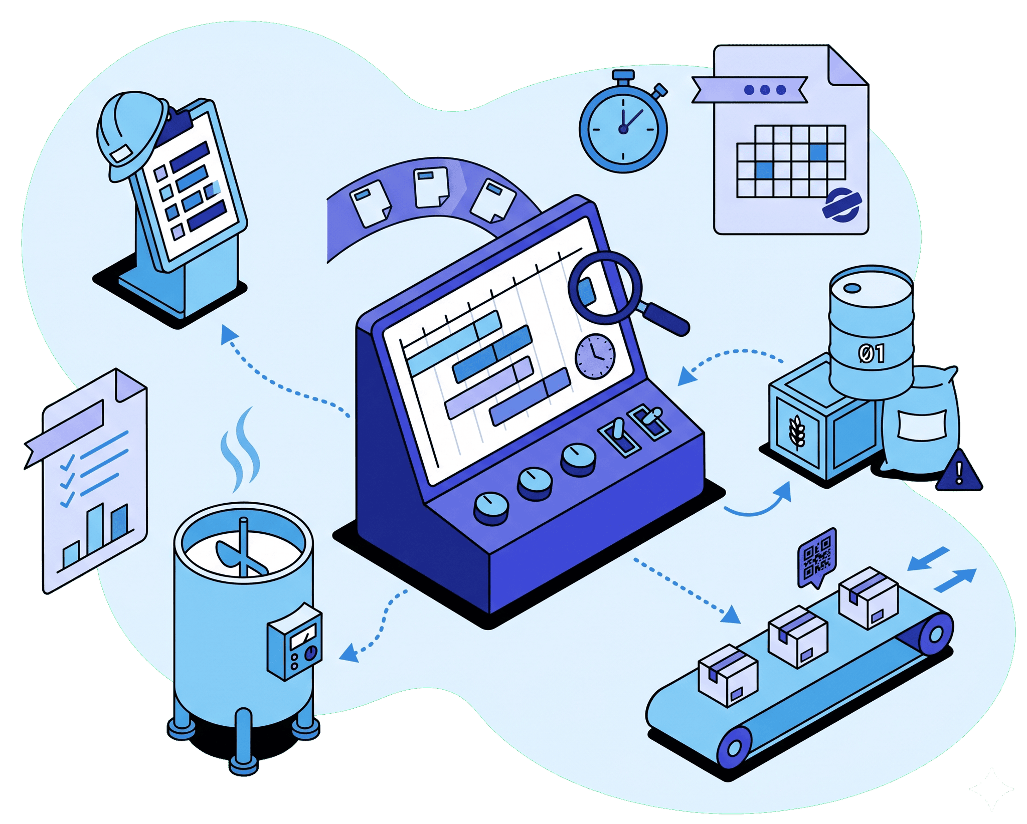 Food production planning dashboard scheduling batches, machines, and workers