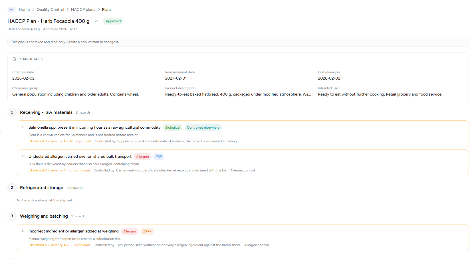 The HACCP plan builder with the process flow, hazard analysis and the Codex decision tree