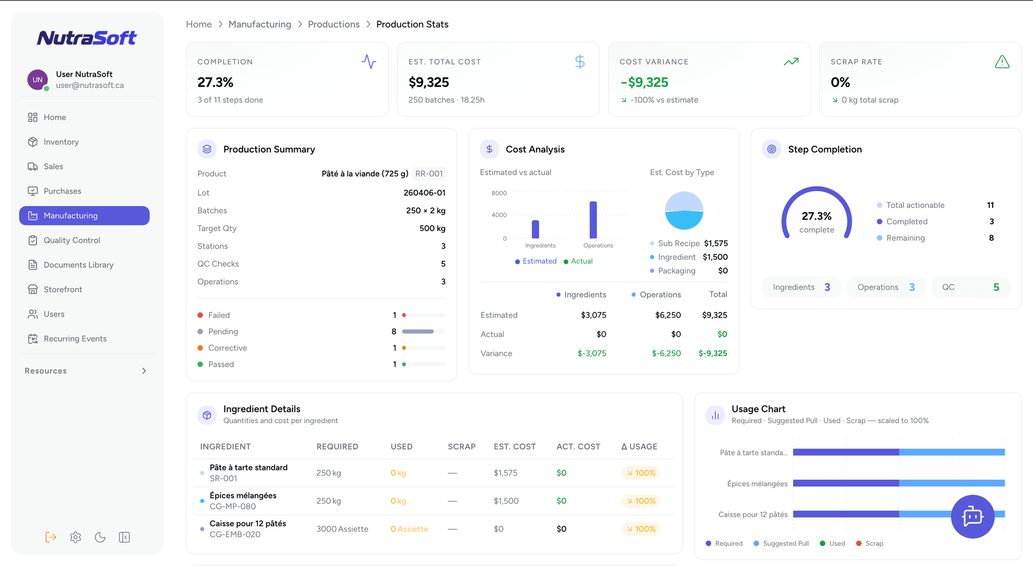 Food Manufacturing Software interface
